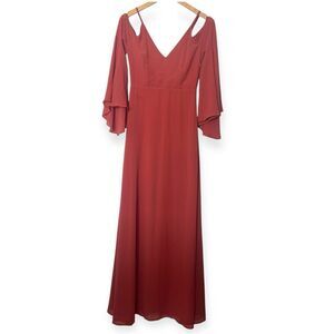 Lulus Dress Maxi Womens Small Dark Coral Chiffon Cold Shoulder Flowy Bell Sleeve
